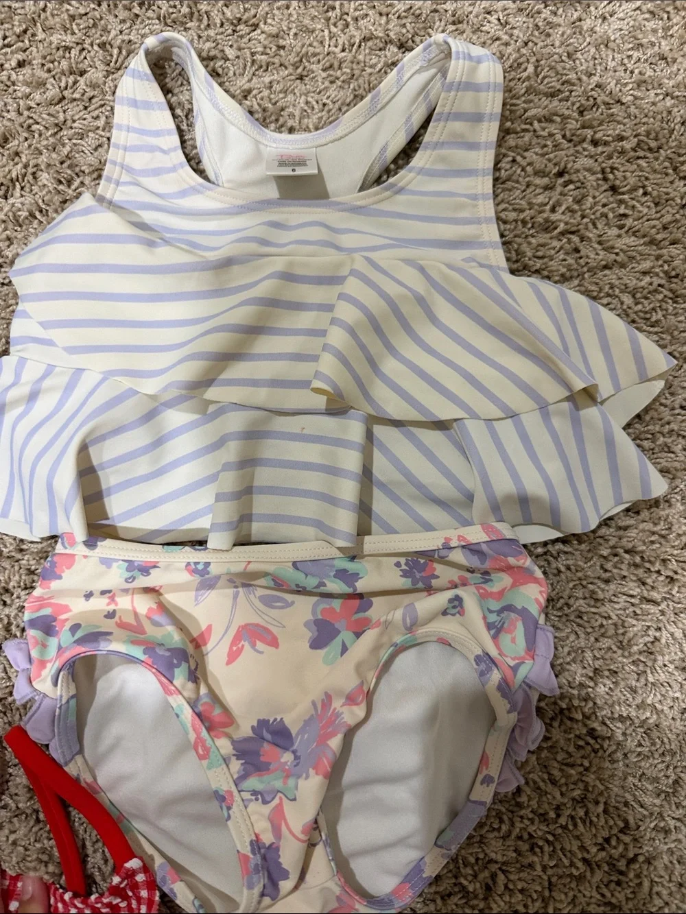 Girls Swim Set Bundle - Pink Palm, Red Gingham & Striped Tops